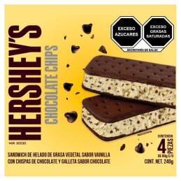 Caja de sándwich Hershey’s  sabor vainilla con chispas y galleta de chocolate 4 pzas de 60 g c/u