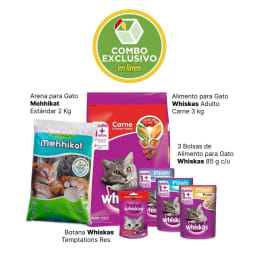 Combo Whiskas  Alimento Adulto Bolsa de 3 kg + 3 Bolsas de 85 g c/u + Botana 60 g + Arena Mohhikat 2 Kg