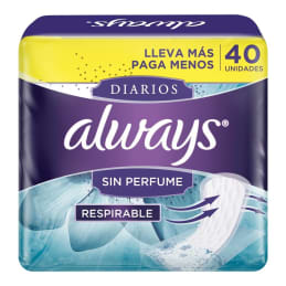 Protectores diarios Always Diarios sin perfume respirable 40 pzas