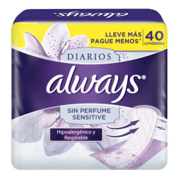 Protectores diarios Always Diarios Sensitive sin perfume 40 pzas